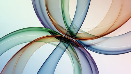 Intersecting abstract ribbons in soft pastel colors flow gently across a light background.の素材
