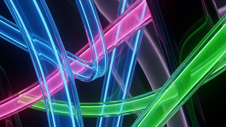 Intertwined transparent tubes glowing with vibrant blue, pink, and green light. Clear details and vibrant colo...の素材