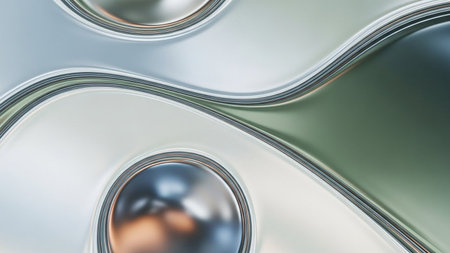 Abstract metallic surface with smooth wavy lines and circular indentations reflecting light.の素材