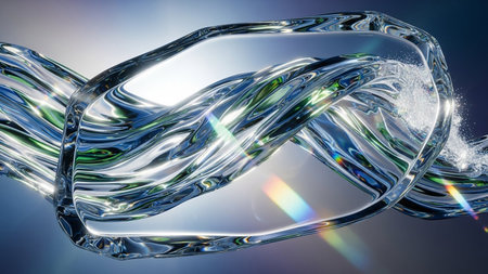 Twisted clear liquid forms with water splashes and rainbow light refractions against a blue background.の素材