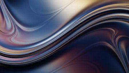 Smooth metallic fluid waves with an iridescent sheen flow across a dark background with subtle light reflections.の素材
