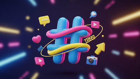 A vibrant 3D hashtag symbol is encircled by social media icons like hearts, cameras, and speech bubbles, with colorful light streaks in the background.の素材