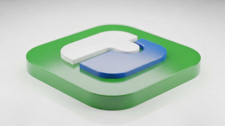 An abstract 3D icon features a green rounded square base with interlocking blue and white puzzle pieces on top.の素材
