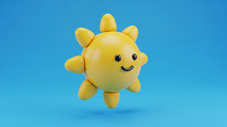 A cute, round, yellow cartoon sun character with a smiling face and stubby rays floats against a solid blue background.の素材