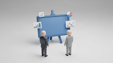Two stylized figures in suits stand before a blue whiteboard displaying various charts and graphs, symbolizing a business presentation.の素材