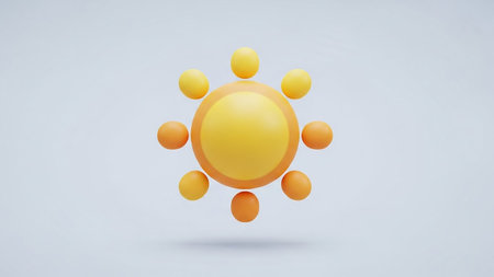 A 3D stylized sun icon with a bright yellow center and orange rays radiates on a light blue background.の素材