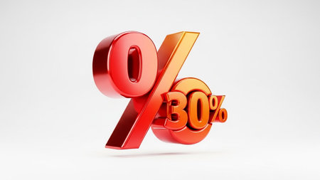 A shiny 3D red and orange symbol representing 30 percent, with a gradient effect, is displayed on a white background.の素材