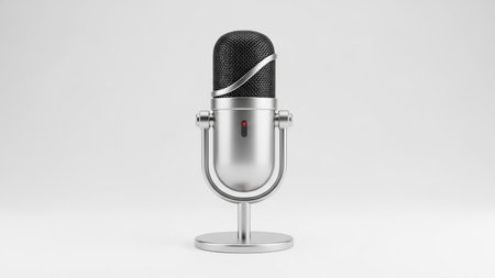 A classic silver microphone with a black grille and a small red indicator light, standing on a white background.の素材