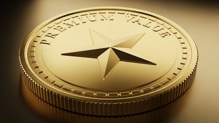 Success showing golden coin with star and premium value text 3d render keywords: coin, gold, golden, currency, money, finance, premium, value,...の素材