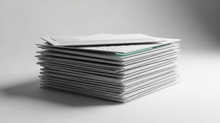 A 3D rendered stack of white envelopes with a subtle green accent, presented on a light gray background.の素材