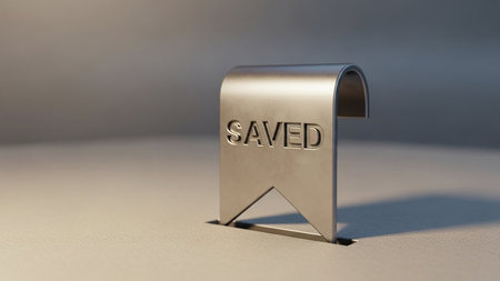 Mark showing metallic bookmark icon with the word saved engraved on a textured surface keywords: saved, bookmark, icon, metal, metallic, silver,...の素材