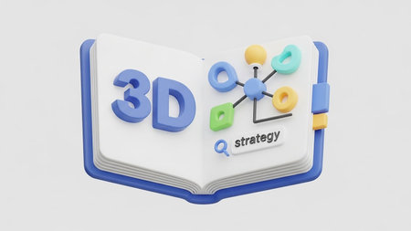 An open 3D book displaying the text "3D strategy" with a colorful diagram and a search icon on a plain white background.の素材