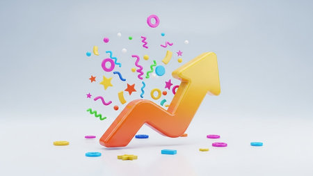 A vibrant orange and yellow upward trending arrow surrounded by colorful confetti and scattered geometric shapes, representing growth and success.の素材