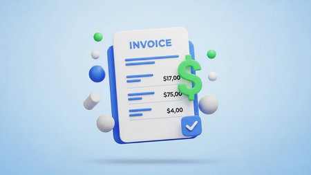A 3D rendered invoice icon with a green dollar sign and a blue check mark, surrounded by colorful spheres on a light blue background.の素材