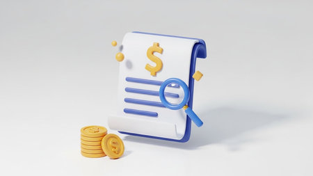 A 3D rendered invoice icon with a magnifying glass and stacked coins, featuring a dollar sign, on a white background.の素材