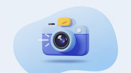 A 3D cartoon illustration of a blue and yellow camera icon with a lens and a play button on a light blue abstract shape.の素材