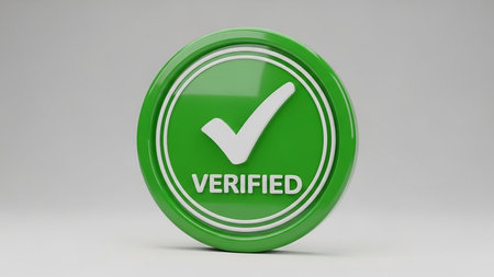 A glossy green circular badge displays a white check mark and the word "VERIFIED" with a white border, signifying approval.の素材