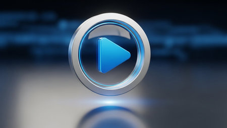 A 3D rendered blue play button icon with a metallic silver ring, set against a blurred blue background with glowing light effects.の素材