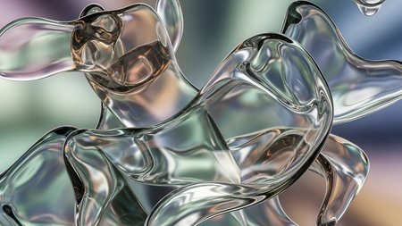 Abstract, clear liquid forms with a metallic sheen and iridescent highlights. Clear details and vibrant colors...の素材