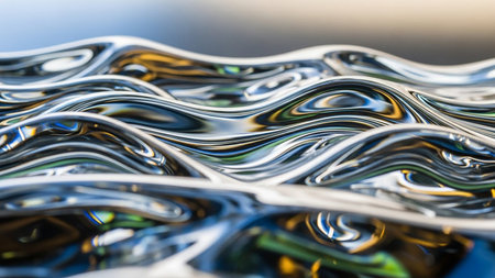 Dynamic abstract liquid metal surface with colorful reflections and smooth, flowing waves.の素材