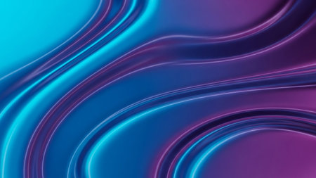 Abstract, fluid metallic swirls with vibrant cyan and magenta neon light tracing their edges, creating a glossy and reflective surface.の素材