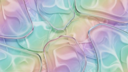 Abstract pastel iridescent shapes with soft translucent layers create a dreamy and ethereal aesthetic with gentle color gradients.の素材