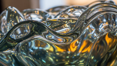 Close-up of a metallic sculpture with wavy surfaces reflecting lights and creating a bokeh effect.の素材
