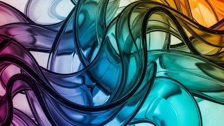 Abstract swirling ribbons of translucent color and light create a dynamic, fluid pattern.の素材