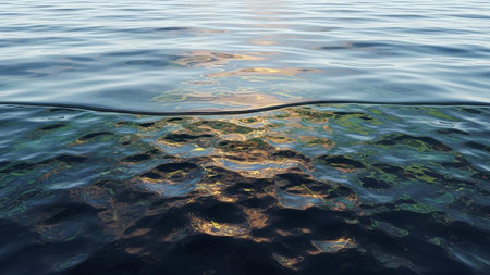 A close-up of a calm ocean surface with gentle ripples and golden sunlight reflections.の素材