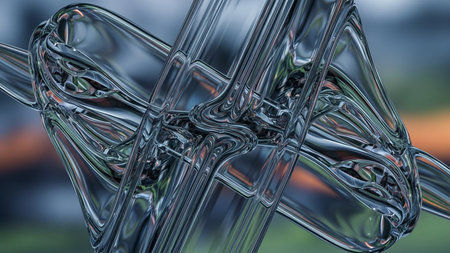 Intertwined abstract forms resembling glass or liquid metal with intricate details, reflections, and a...の素材