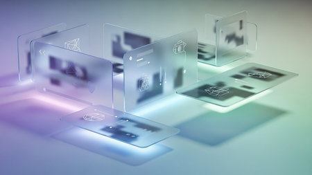 Transparent digital interface panels display abstract geometric wireframe graphics, arranged in a futuristic layout.の素材