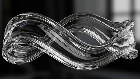 Transparent glass infinity loop sculpture with reflections on dark background Clear details and vibrant colors...の素材