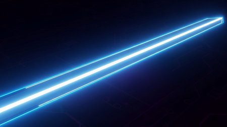 Patterns showing glowing blue neon light bar extending diagonally against a dark circuit board background keywords: neon, light, blue, glowing, bar,...の素材