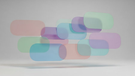 Overlapping translucent rounded rectangles in soft pastel colors float against a clean white background.の素材