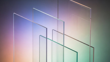 Stacked transparent glass panels display subtle color refractions and reflections, creating a modern, abstract visual effect.の素材