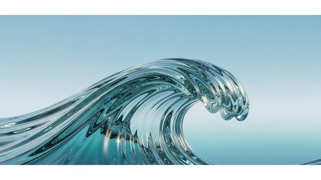 A transparent water wave crashing with intricate light refractions and reflections against a light blue sky.の素材