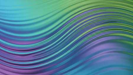 A wavy iridescent surface with smooth lines in green, blue, and purple hues. Clear details and vibrant colors ...の素材