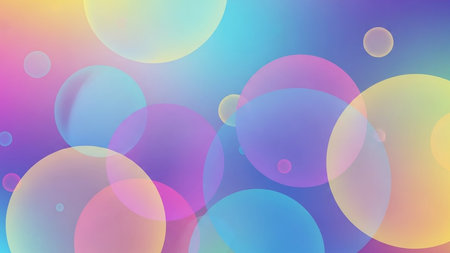 Translucent, colorful bubbles of various sizes float gently against a soft pastel gradient background of pink, purple, and blue.の素材