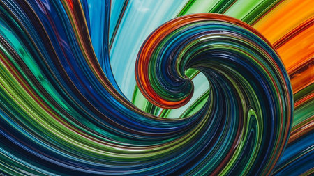 A vibrant abstract swirl of colorful fluid with dynamic lines and glossy textures.の素材
