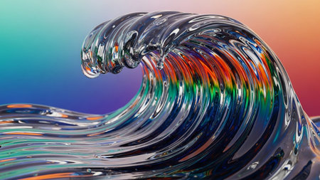 A transparent glass wave with vibrant rainbow refractions against a soft gradient background.の素材