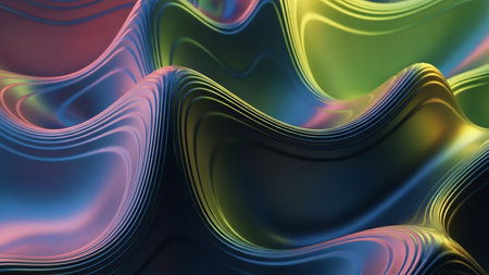 Abstract iridescent wavy landscape with vibrant color gradients and a metallic sheen.の素材