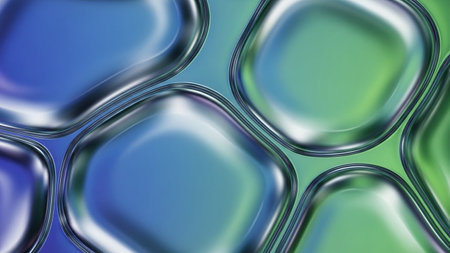 Abstract rounded squares with iridescent blue and green metallic sheen and glossy reflections.の素材