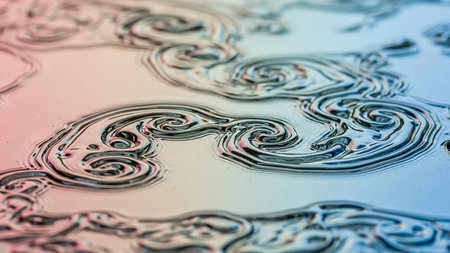 Abstract swirling patterns emerge on a smooth, iridescent liquid surface with subtle pink and blue hues.の素材