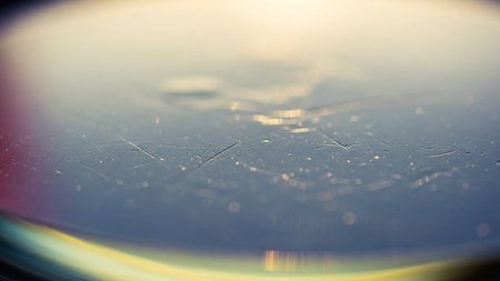 Close-up of a cracked ice surface with soft bokeh and light reflections, abstract texture.の素材