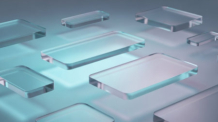 Translucent geometric glass rectangles of various sizes float on a soft gradient background with subtle lighting effects.の素材