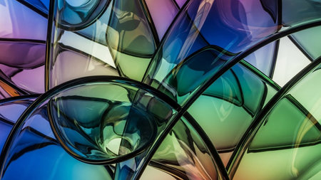 Abstract swirling glass tubes in shades of blue, green, and purple create a complex pattern.の素材