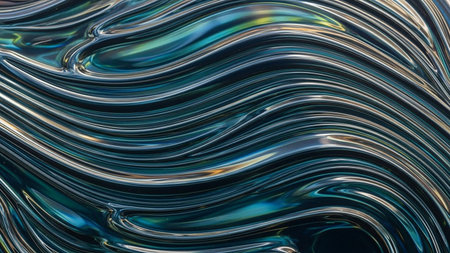 Dark abstract metallic liquid waves with blue and green iridescent reflections and smooth curves.の素材