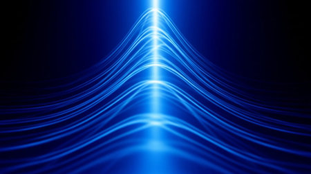 Abstract blue light streaks converge upwards against a dark background creating a sense of energy and motion.の素材