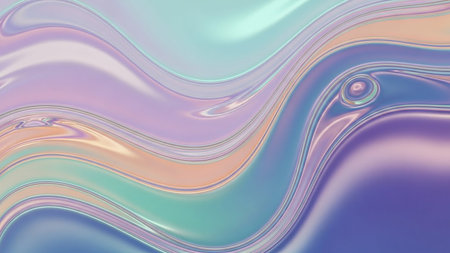 Soft pastel iridescent waves of liquid with a pearlescent sheen and smooth, flowing curves.の素材