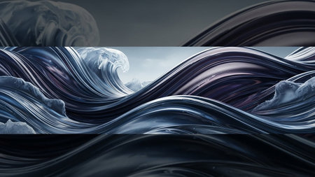 Dark metallic waves with ice formations and dramatic ocean wave crests creating a powerful scene.の素材